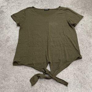 Elizabeth Tie Front Shirt Blouse Womens Large Army Green Short Sleeve Round Neck